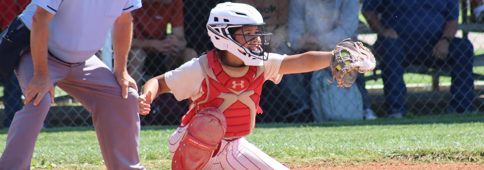 Young baseball catcher in gear preparing to catch a pitch, with umpire and spectators in background.