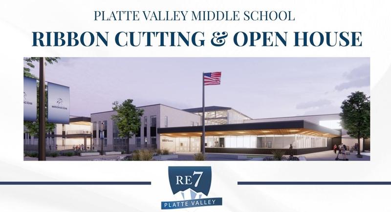 New middle school graphic of front entrance with Bronco banners and an American flag