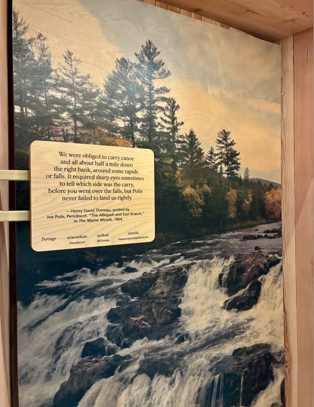 Illustration of a waterfall scene with Thoreau's quote about canoeing.