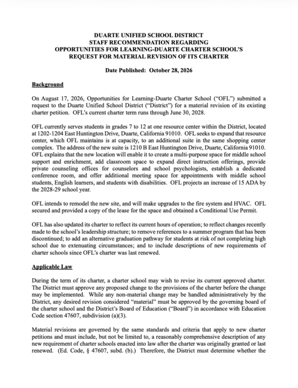 Title page of the Duarte Unified School District staff recommendation regarding Opportunities for Learning
