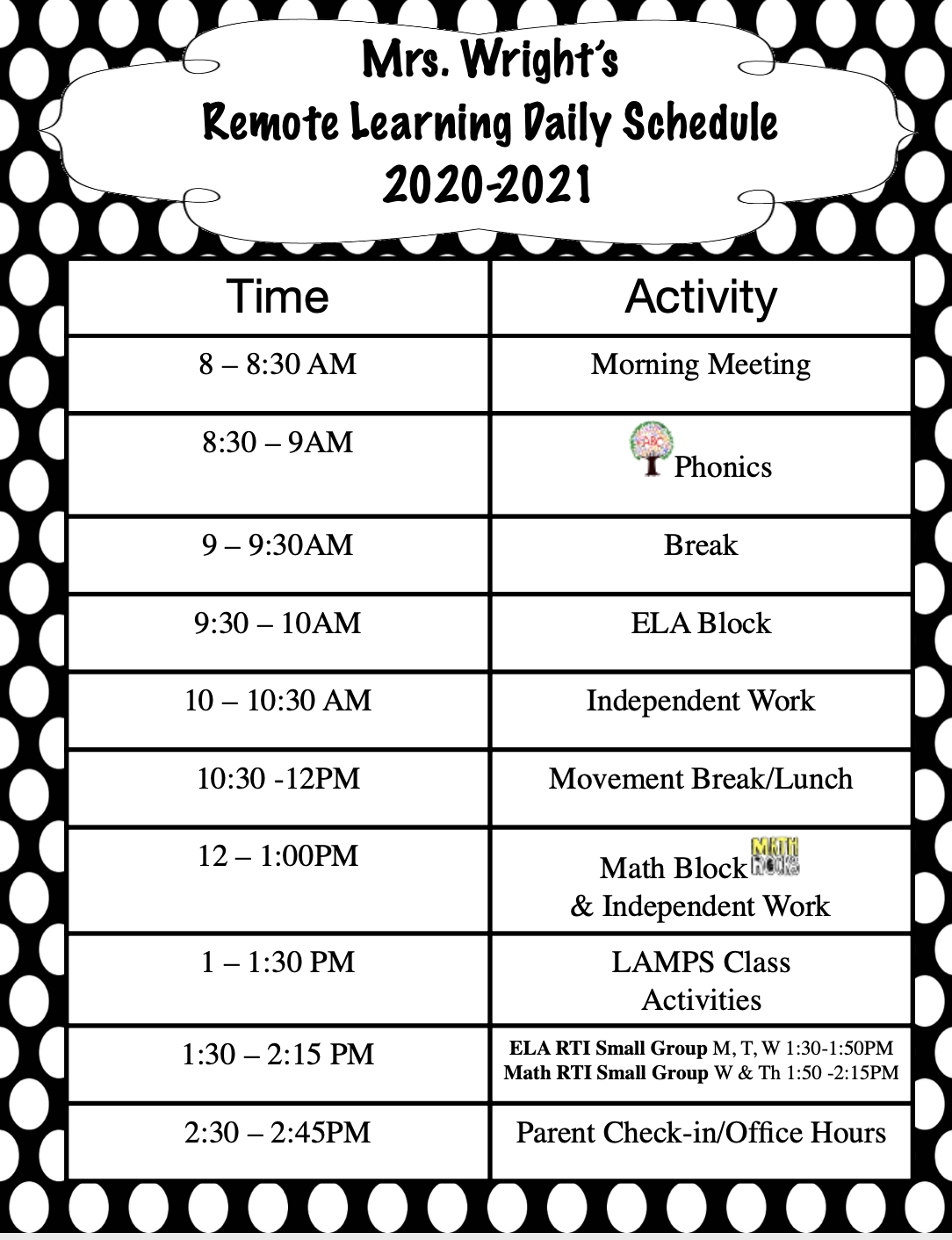 Virtual Learning Schedule Jaime Wright Ellendale Elementary