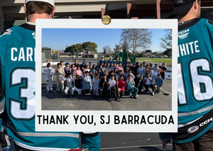 Photo of a two classes of students outside with four hockey players, and another photo as the background of two hockey players in their jerseys.