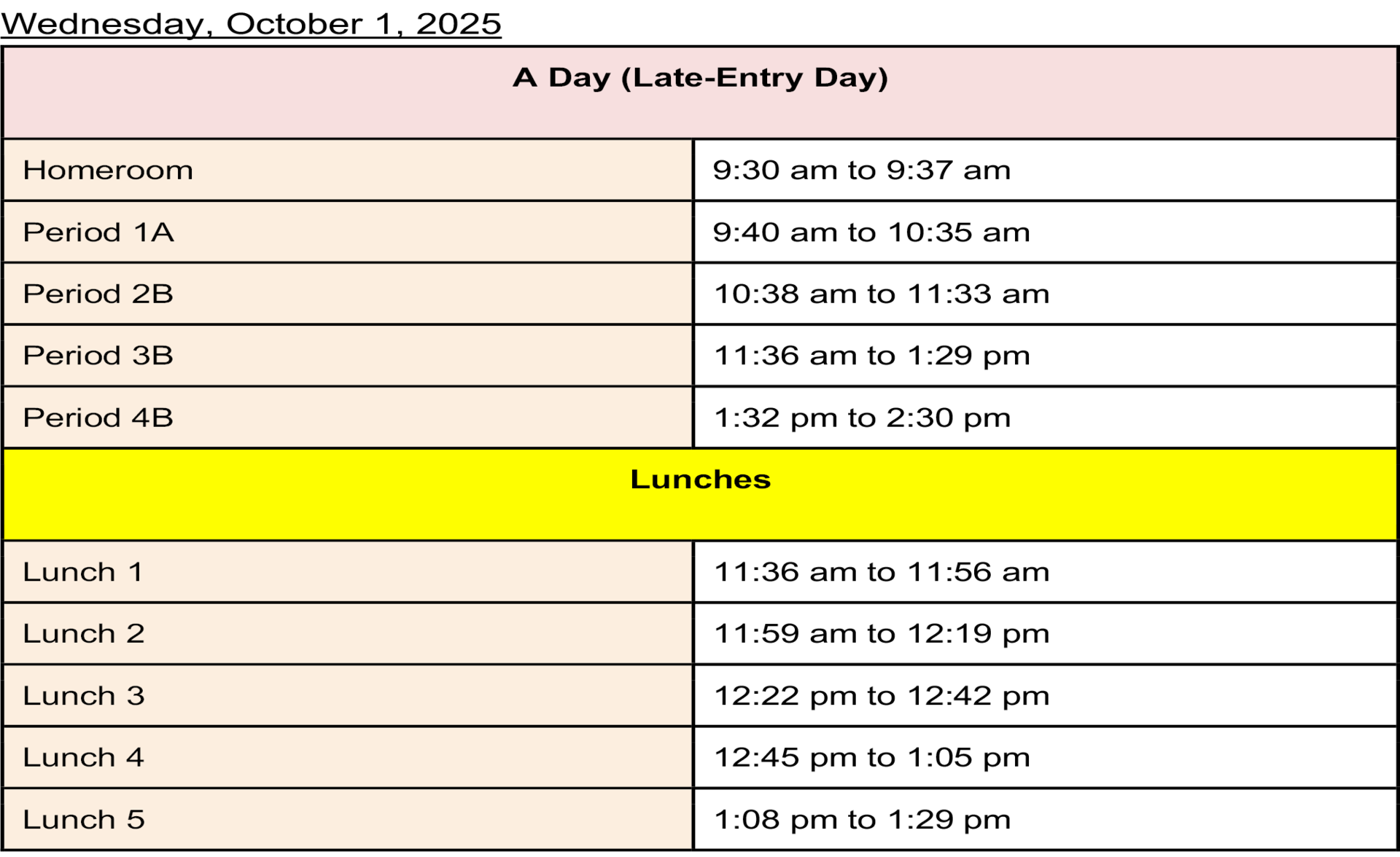 Schedule for A Day on Late-Entry Day with periods and lunch breaks