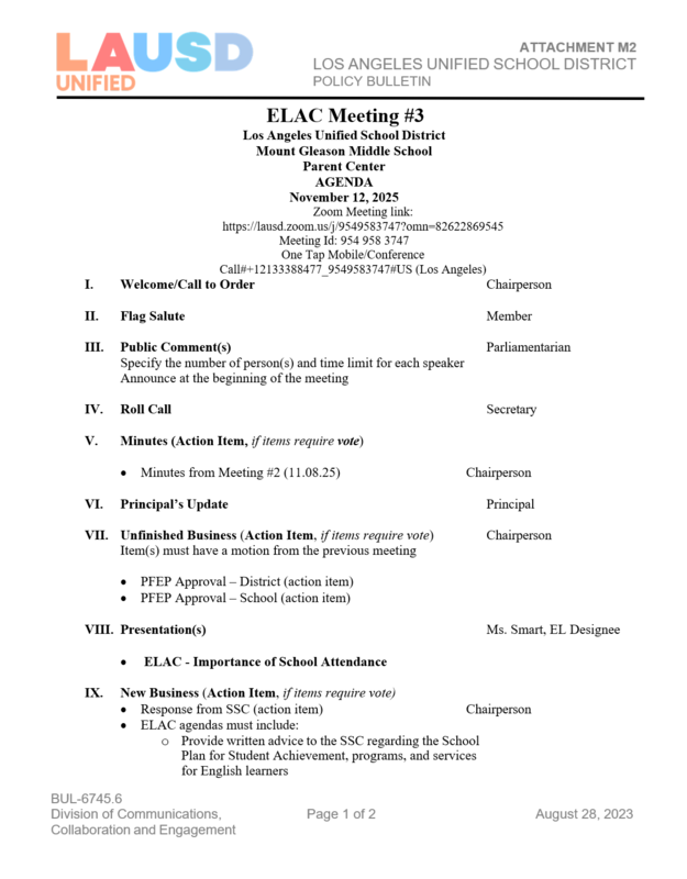 ELAC Meeting Agenda