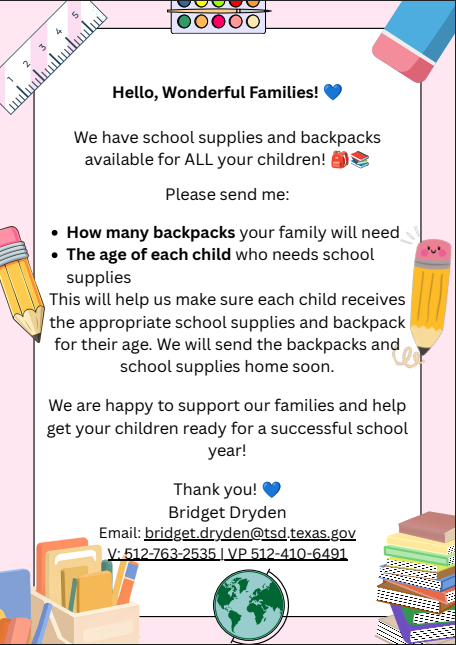 english version of the flyer with details on getting backpacks and school supplies