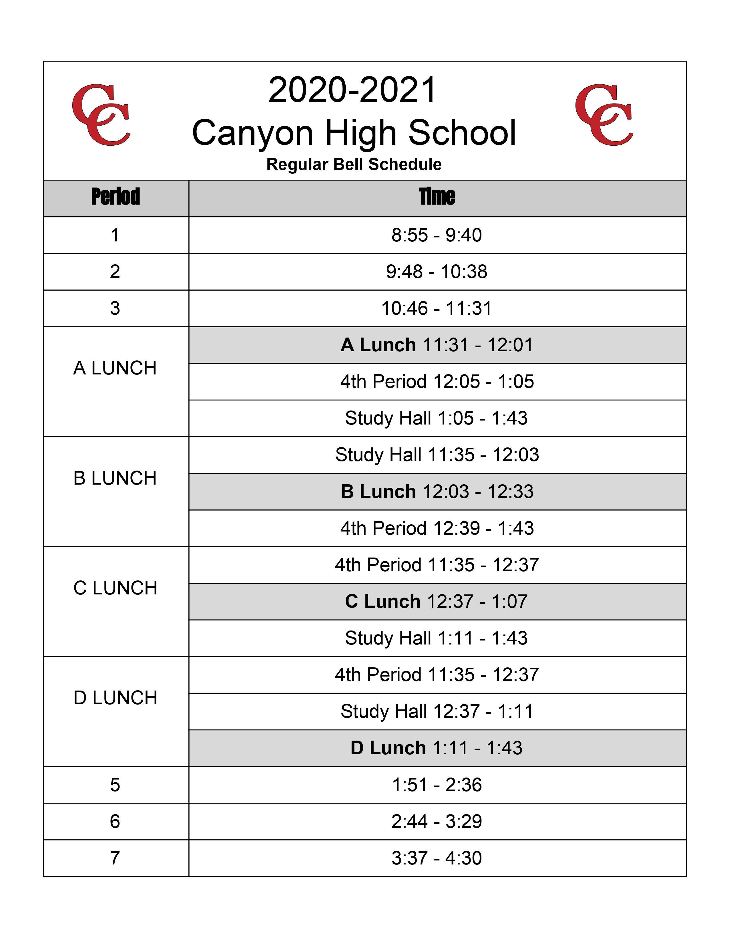 Bell Schedule Families Students Canyon High School