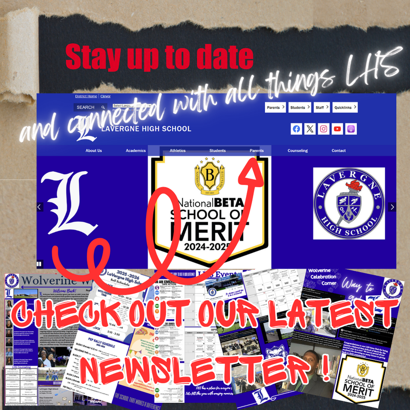 brown background with a screenshot of LHS homepage and screenshots of the pages in newsletter