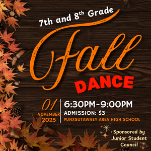 Fall dance advertisement with fall colored leaves and wooden background