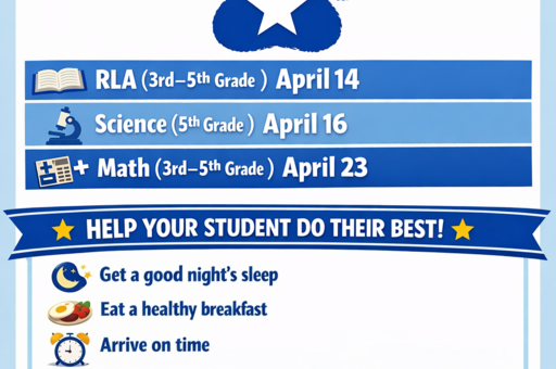 Schedule for academic assessments with subjects and dates for grades 3-5.