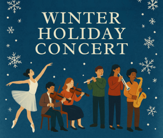 Winter holiday concert with illustration of snowflakes ballerina and musicians