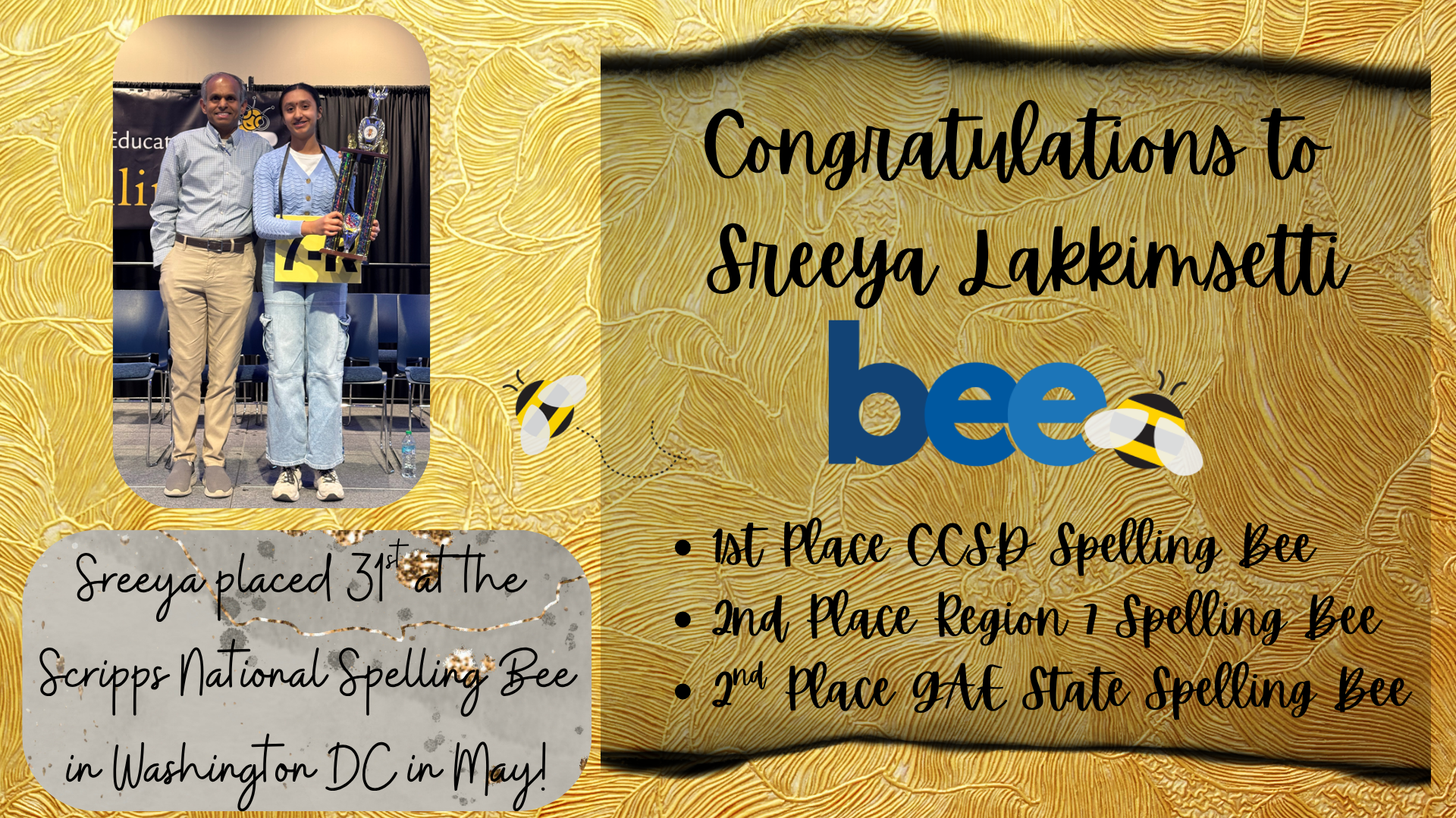 Two people celebrating spelling bee achievements with trophies and a congratulatory message.