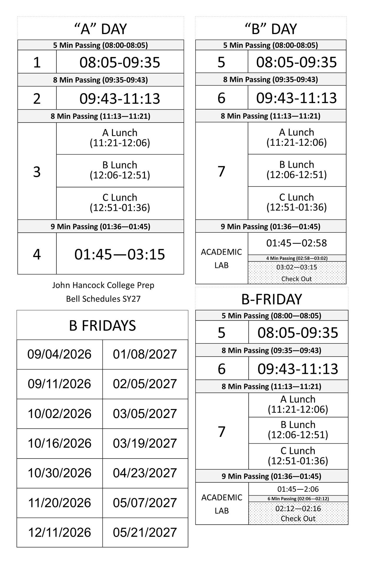 This is the bell schedule for the 2025 2026 school year at John Hancock College Prep High School in Chicago, IL