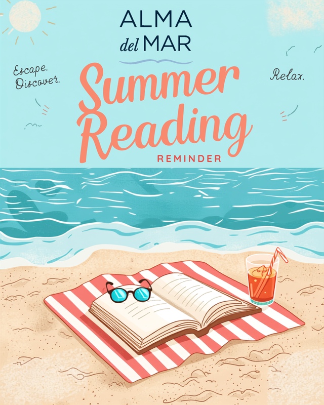 A summer reading reminder graphic with a beach background, a beach blanket with a book and glasses on it, and a cold beverage.