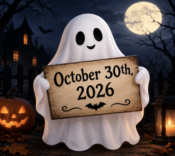picture of ghost holding a sign of date