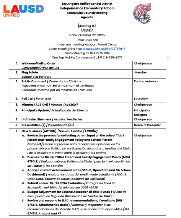 School Site Council Meeting Agenda