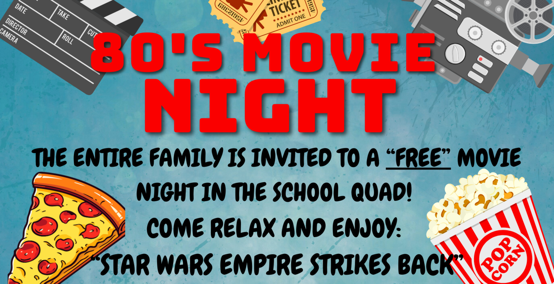 Free Family Movie Night on 1/23 from 5:30-8:30pm.  Friday, January 23, 2026 - Family Movie Night - Performances by Cheer and Bach2Rock! Free opportunity drawing for all that attend.  EFBMMS holding a silent auction!  Don't miss out on the fun!  Bring blankets or chairs to sit on in the quad.  This is not a drop event, please accompany your child(ren).