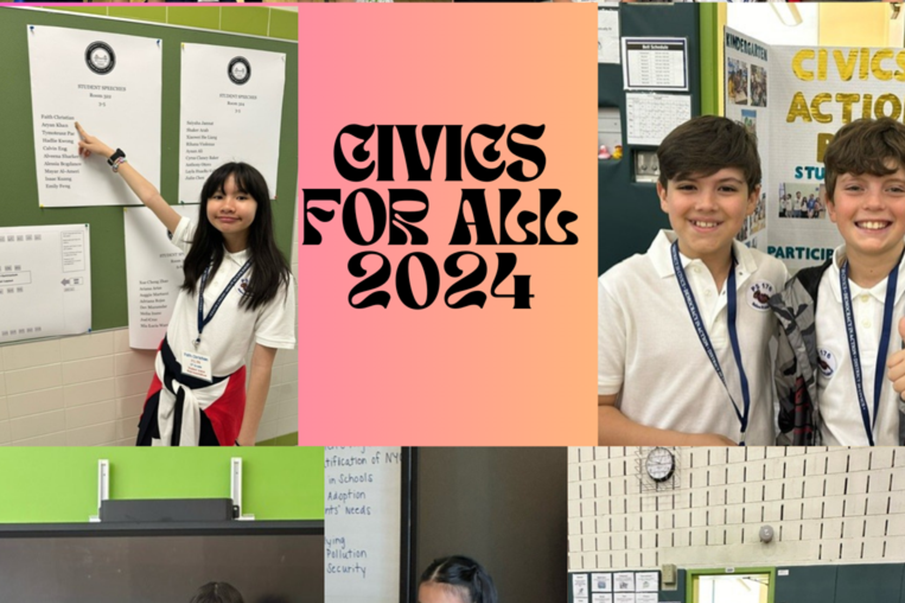 Students gather around civics project displays with a colorful title for 2024 in the center.