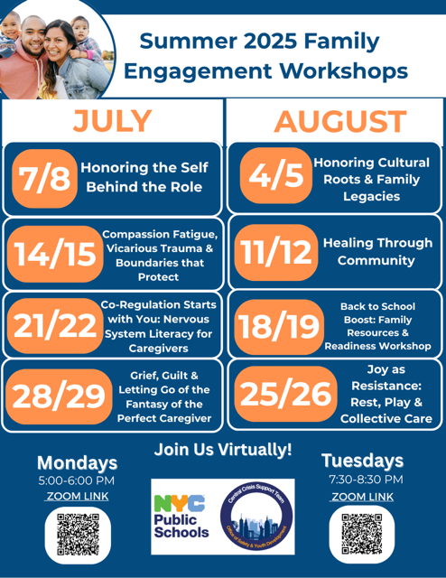 Summer 2025 Family Engagement Workshops with dates and times for various events.