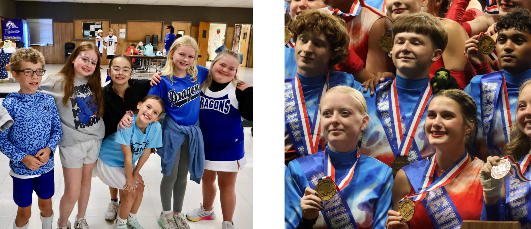 Redwater Intermediate students on spirit day and Redwater Dragon Band students after winning 3A Bronze State Title