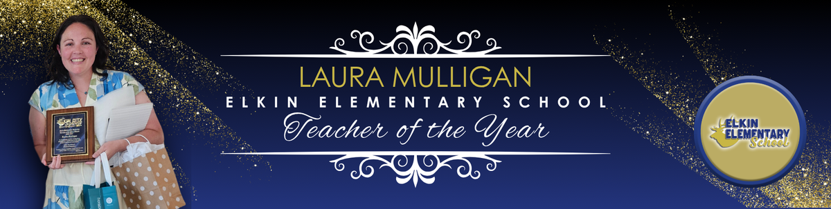 Shuffle Image: Blue background with a picture of Laura Mulligan - EES Teacher of the Year