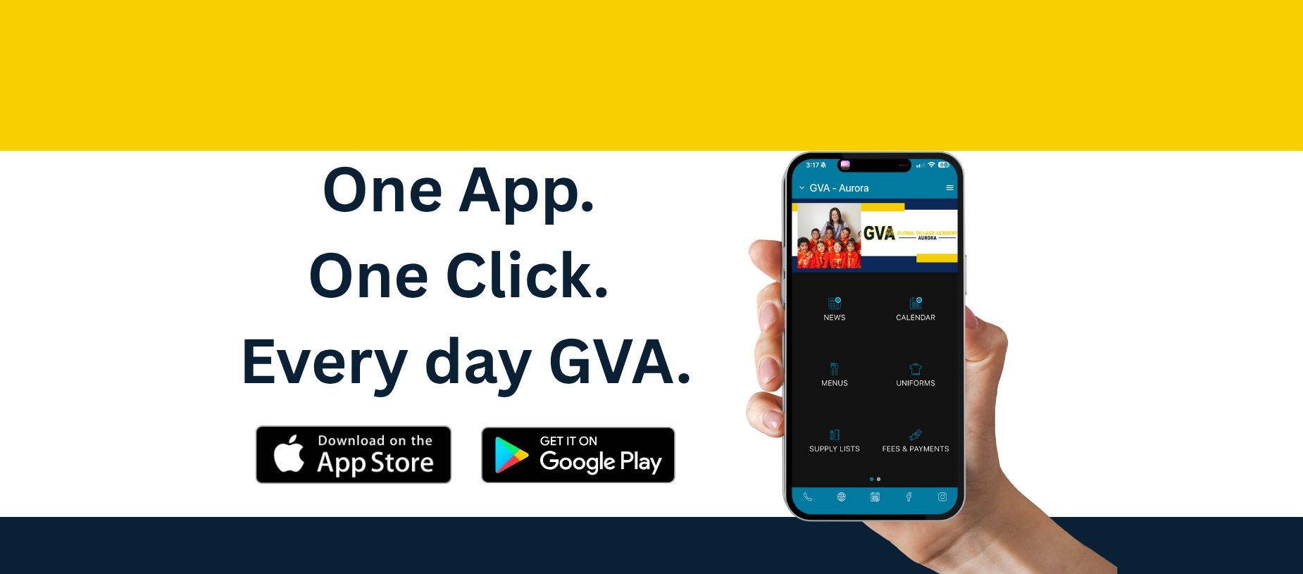 Hand holding a smartphone displaying an app with promotional text for GVA.