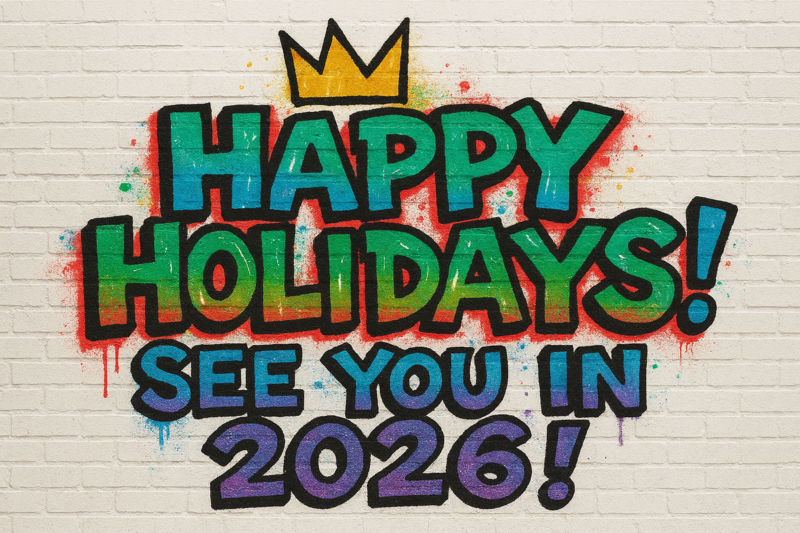 graffiti letters that read happy holidays, see you in 2026