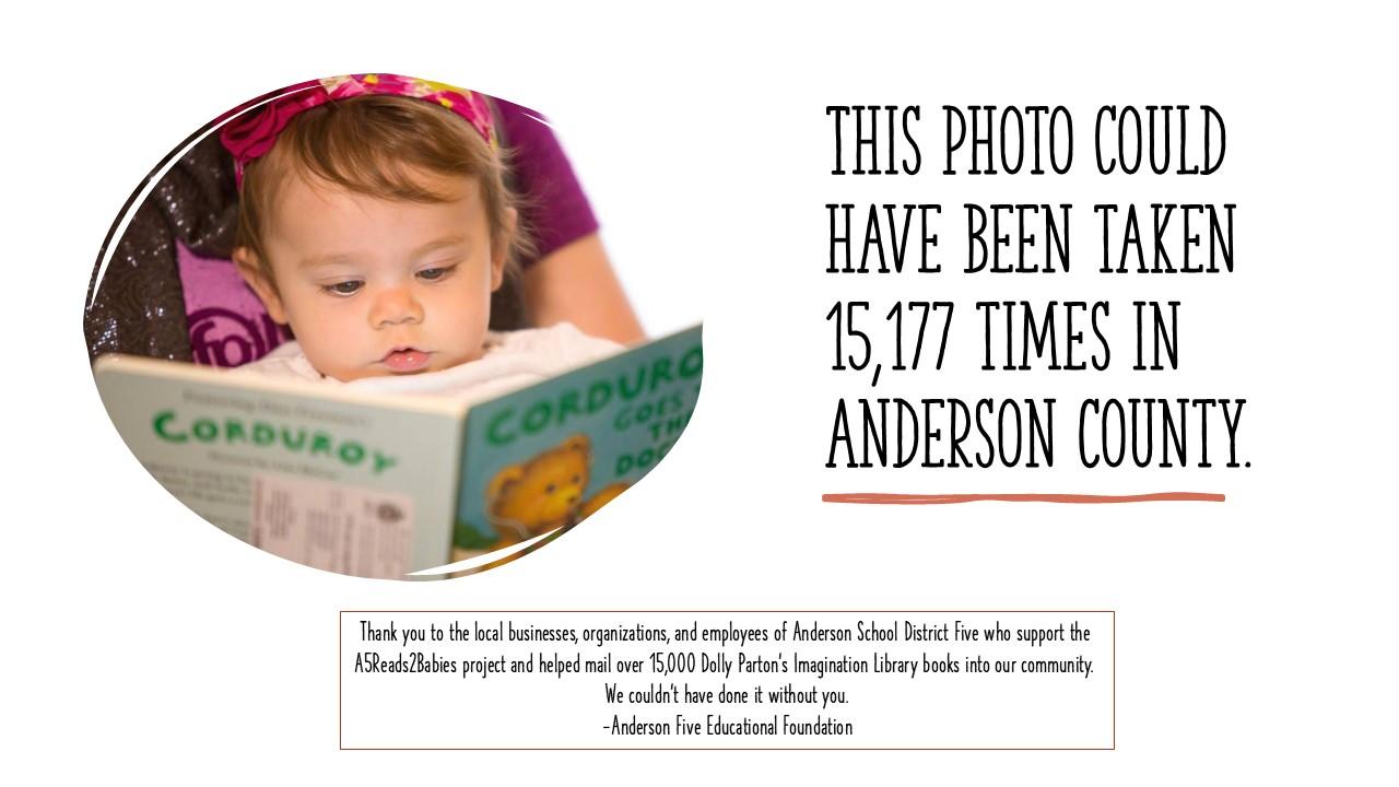 Baby reading a book. Text thanking sponsors for their support to mail books to babies.