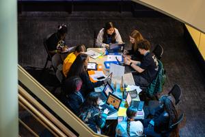 An overhead view of one of the tables, seen from a staircase