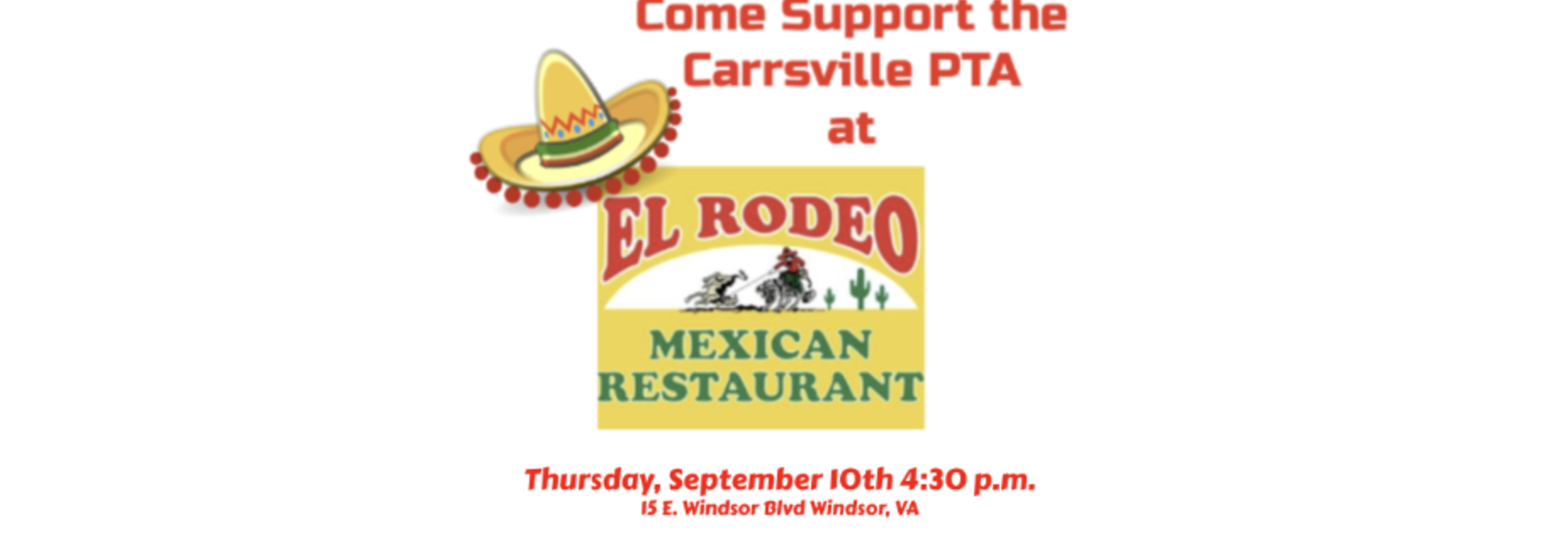 Text promoting a fundraiser for Carrsville PTA at El Rodeo Mexican Restaurant.