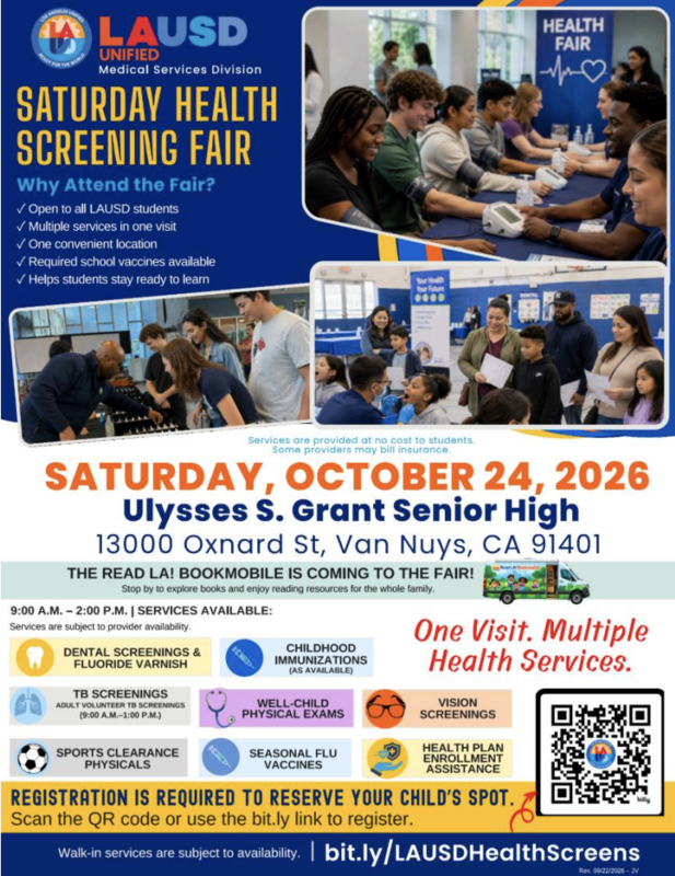 Flyer for the October 24th, 2026 Free Health Screening Fair at Grant High School