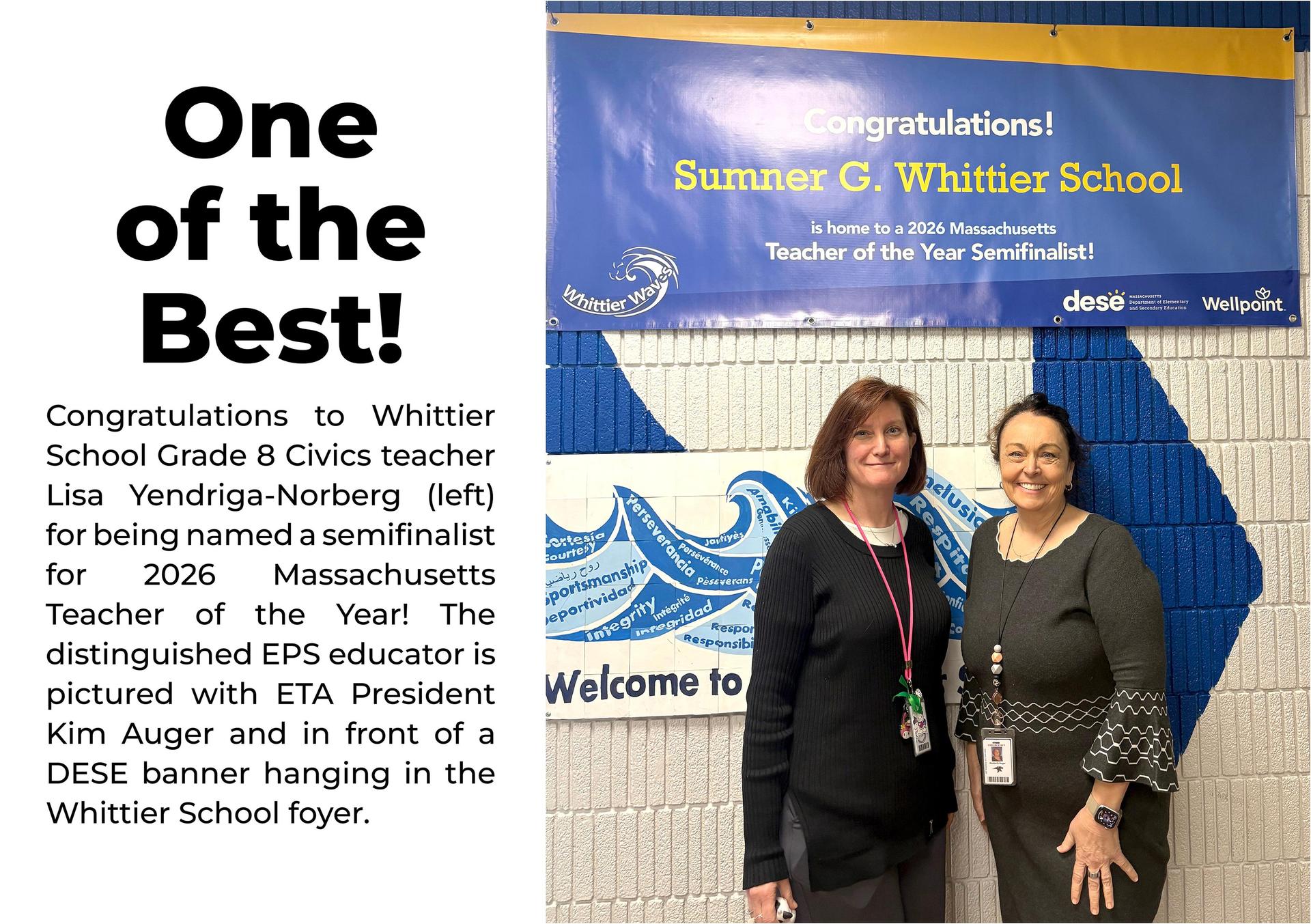 Two women smiling in front of a school banner celebrating a teacher.