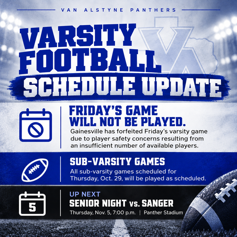 Schedule Update: Friday’s Varsity Football Game vs. Gainesville Thumbnail Image