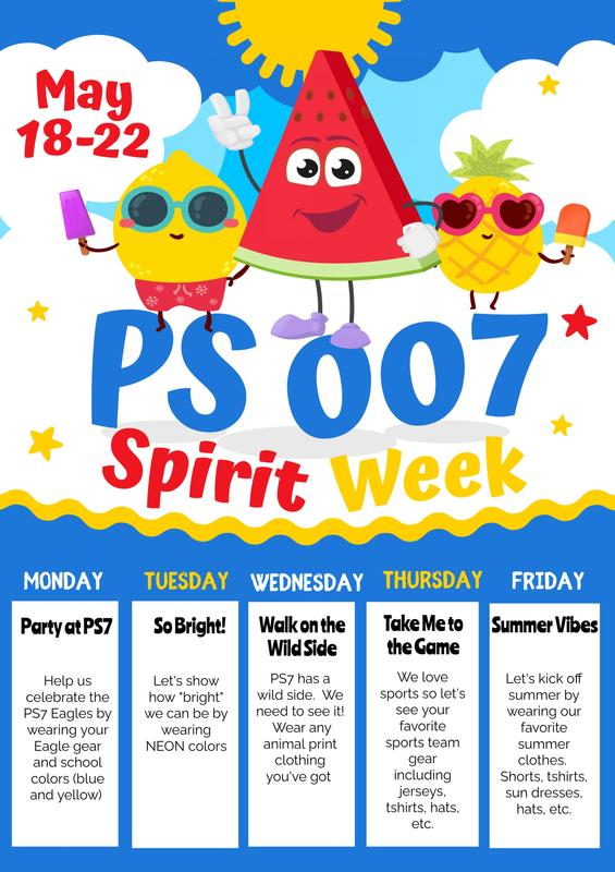 Colorful Spirit Week flyer featuring fruits and a sun, with event details.