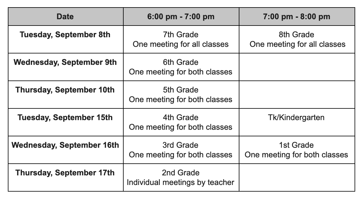 Back to school night schedule