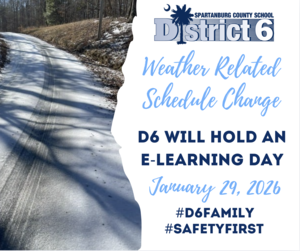 Photo of icy conditions and E-Learning Day announcement for Jan 29, 2026.