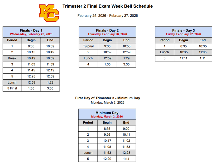 Tri 2 Final Exam Bell Schedule