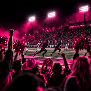 Football game under stadium lights.
