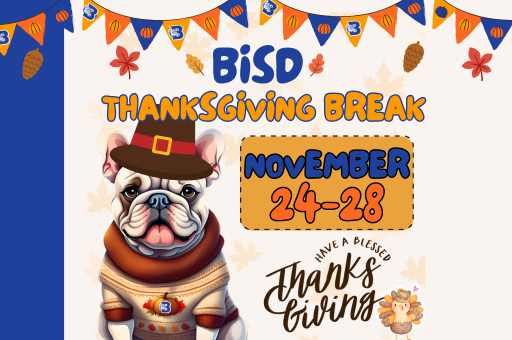 BISD Thanksgiving Break with Bulldog and leaves and pinecones. Text says BISD Thanksgiving Break November 24-28.