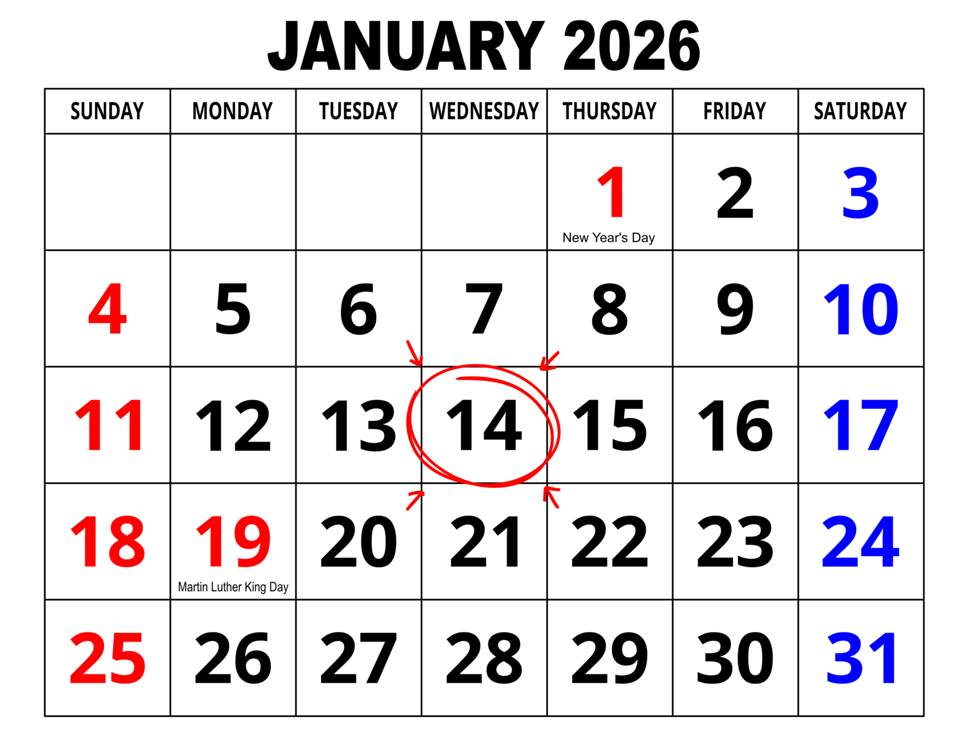 Calendar for January 2026 with highlighted date of January 14.