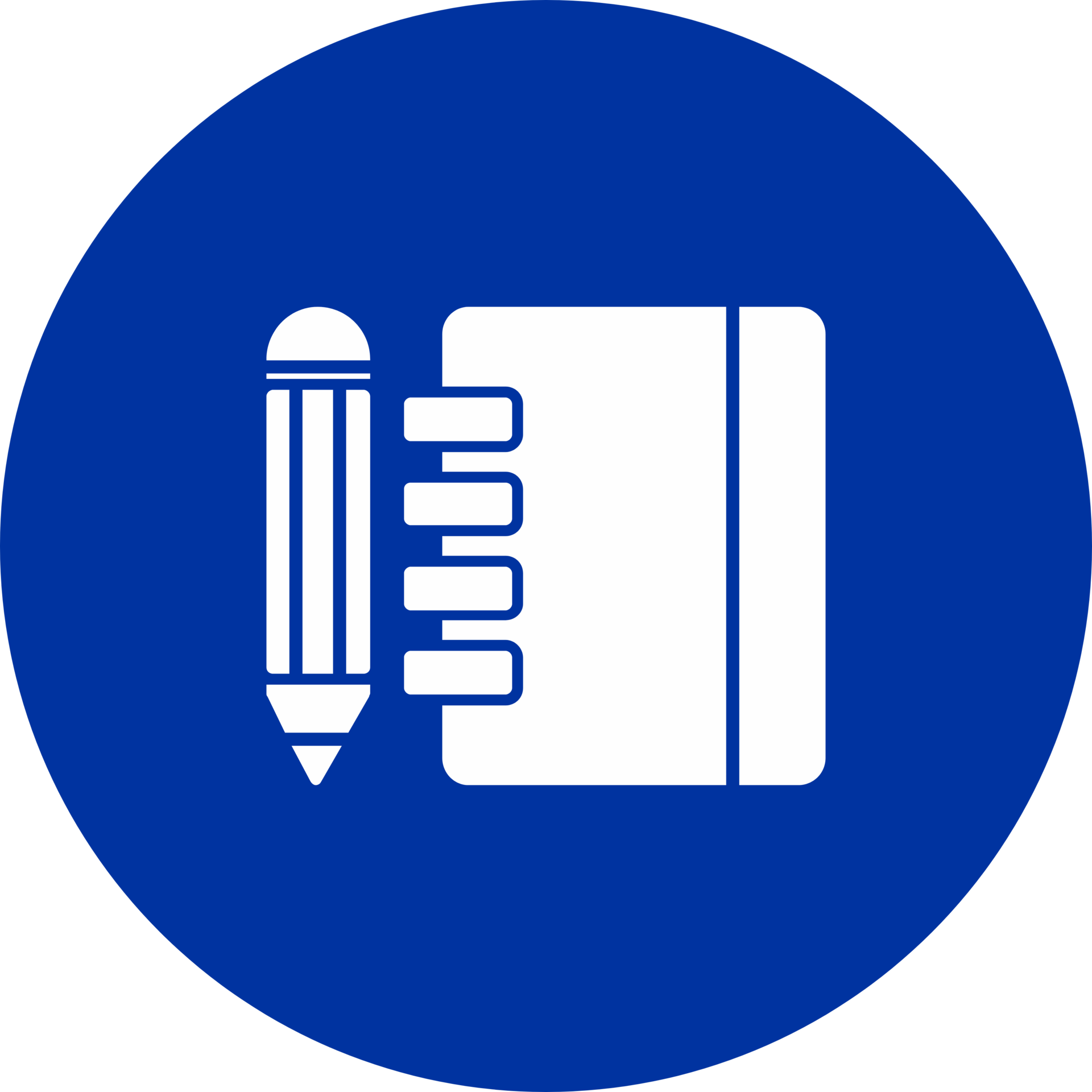 White pencil and notebook icon on a blue circular background.