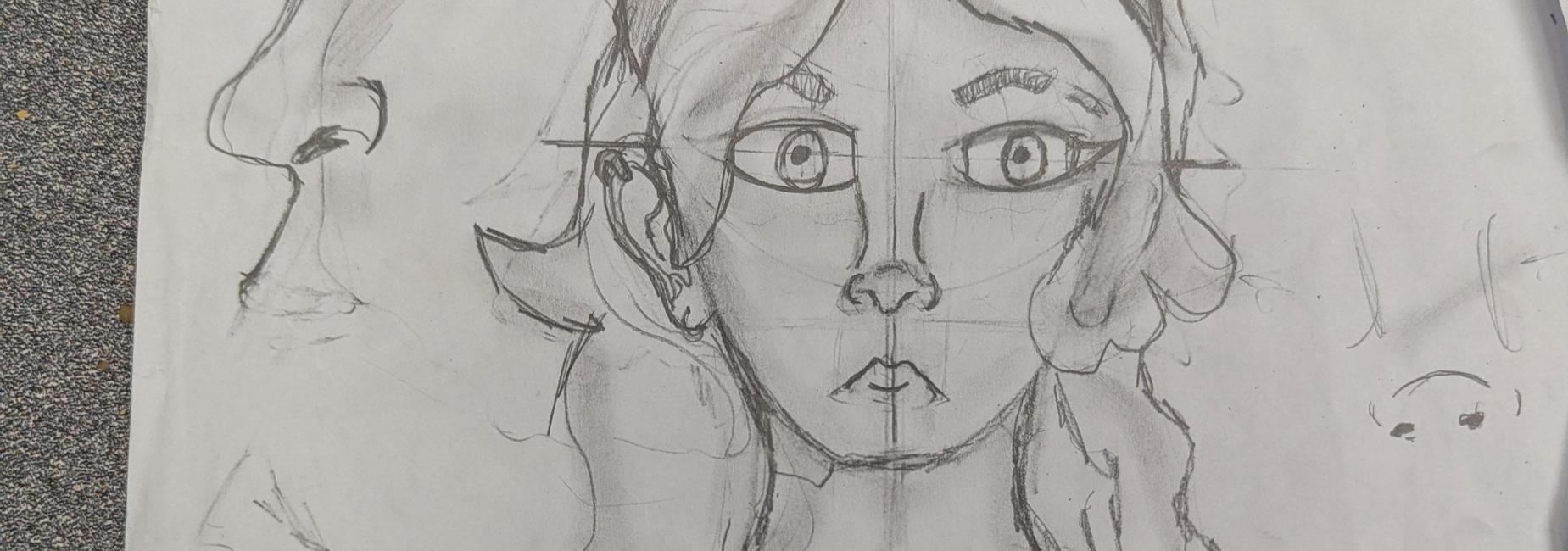 Drawing of a woman's face with a serious expression and flowing hair.
