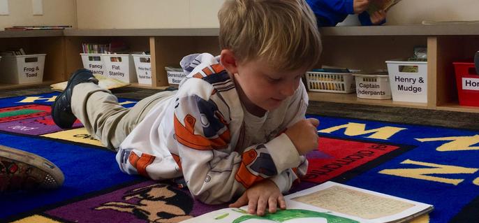 Boy reading in library