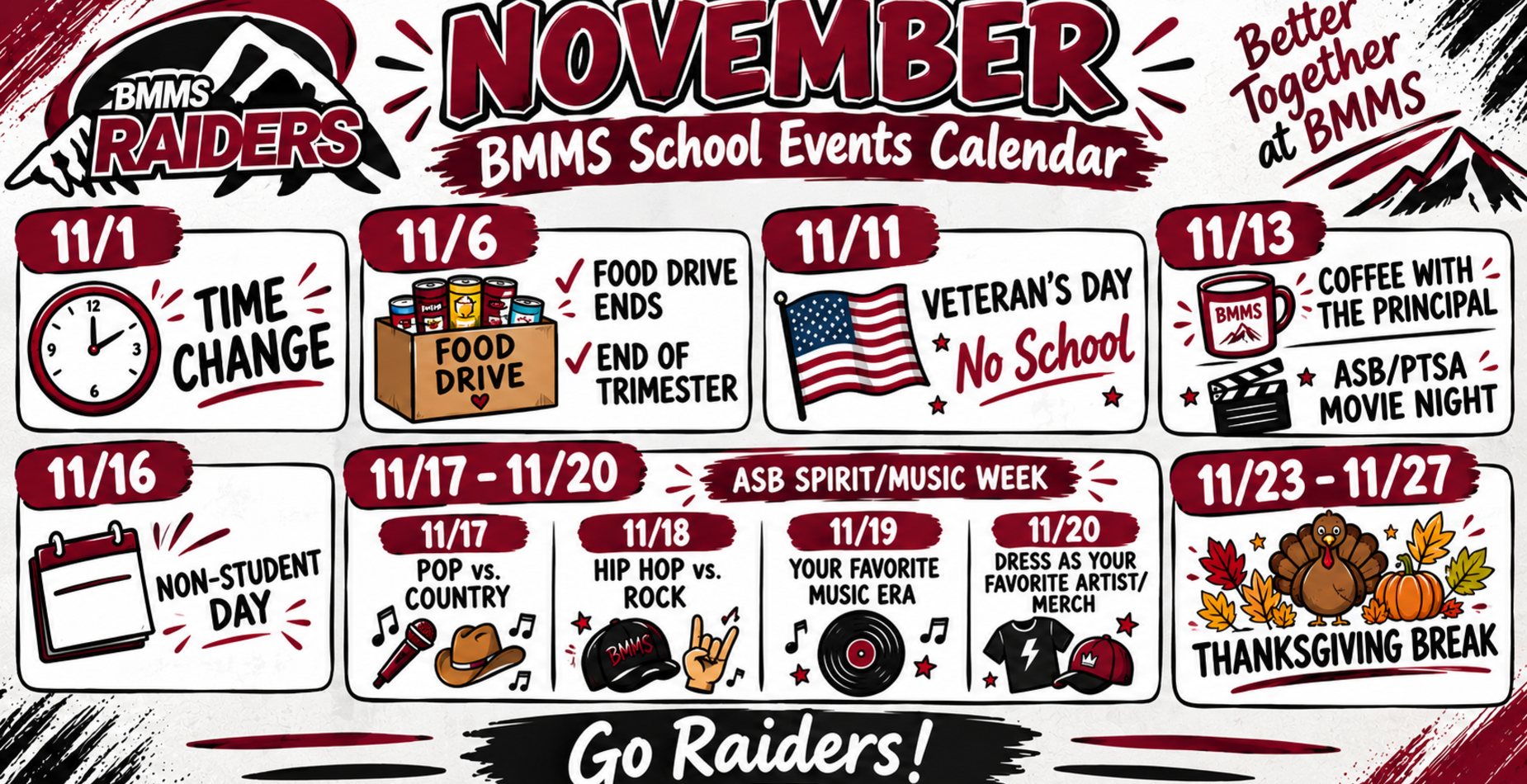 BMMS School Events Calendar for November 2026