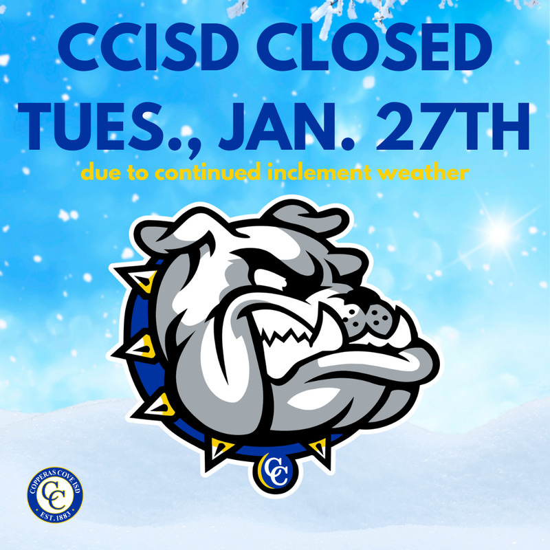 Announcement of school closure due to bad weather with a bulldog mascot.