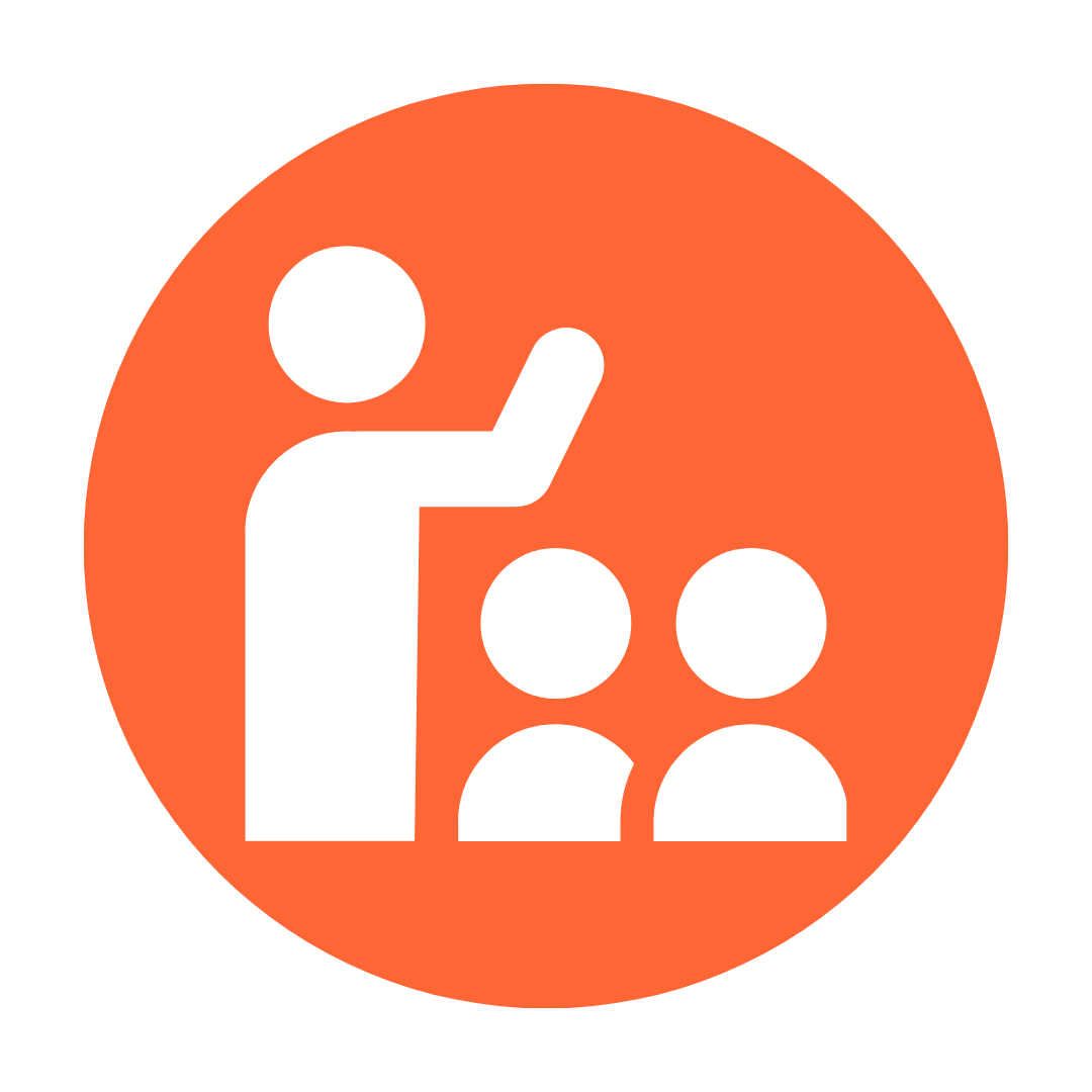 white teacher icon on orange circular background