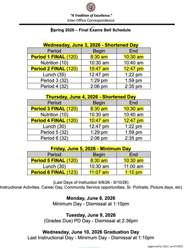 Spring 2026 Finals Bell Schedule