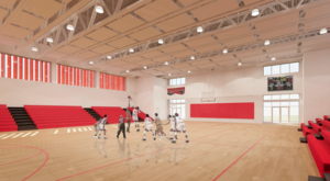 Architectural rendering of the proposed Marion Senior High School gymnasium lobby and concession area.