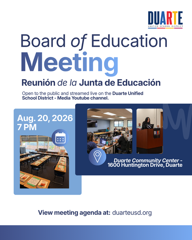 Graphic in white and blue announcing board of education meeting on Aug. 20 at 7pm