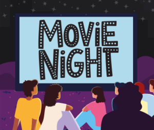 People sitting in front of a screen saying Movie Night with dark starry background