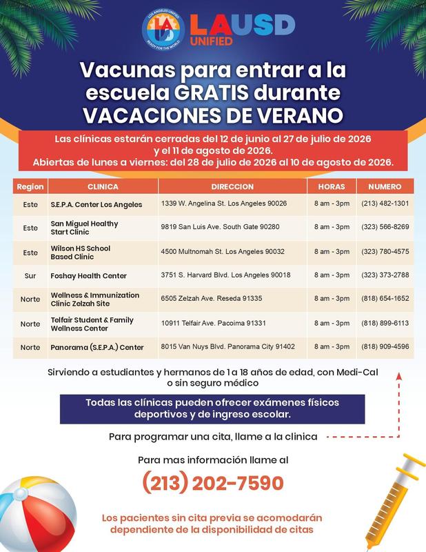 Free summer clinics flyer in Spanish